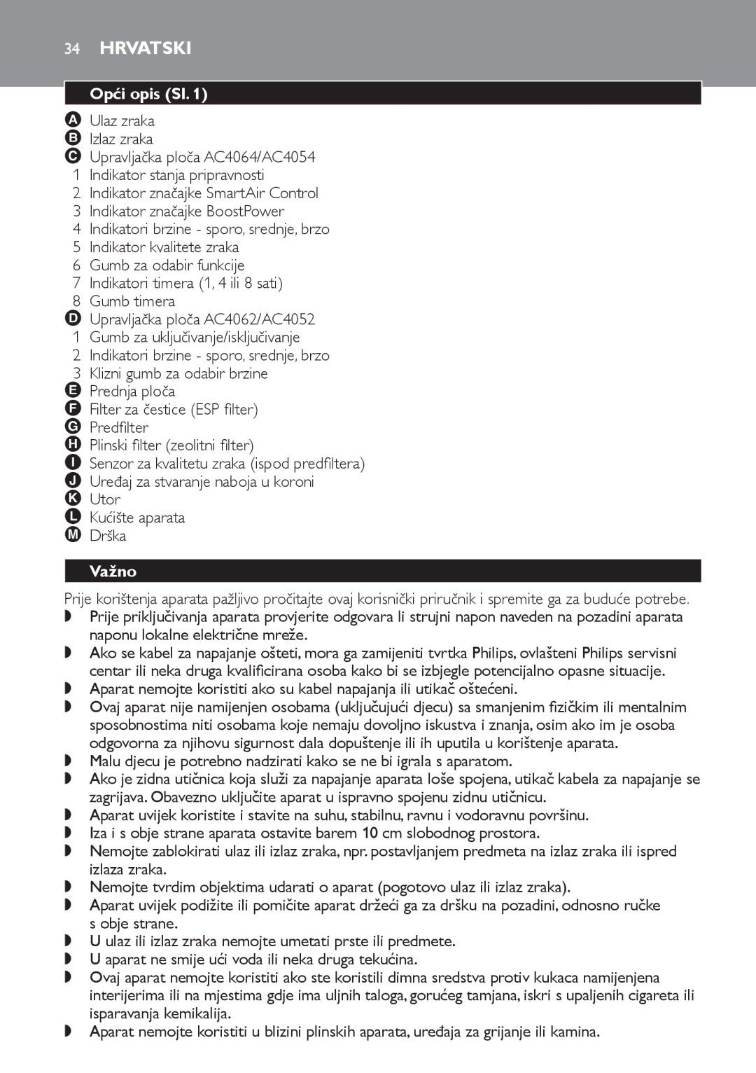Philips AC4064, AC4054, AC4052 manual Hrvatski, Opći opis Sl, Važno 