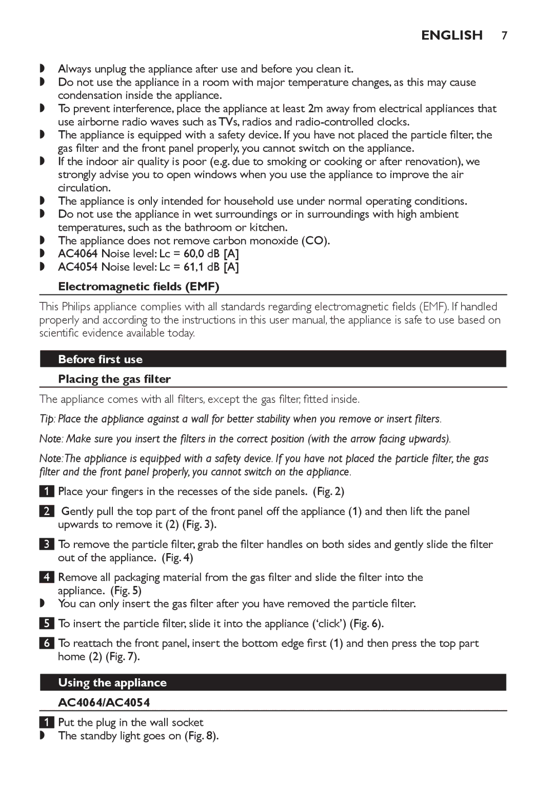 Philips AC4064, AC4054, AC4052 manual English, Before first use, Using the appliance 