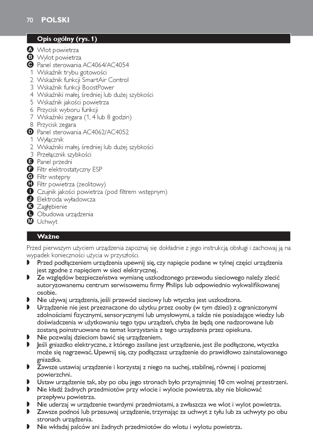 Philips AC4064, AC4054, AC4052 manual Polski, Opis ogólny rys, Ważne 