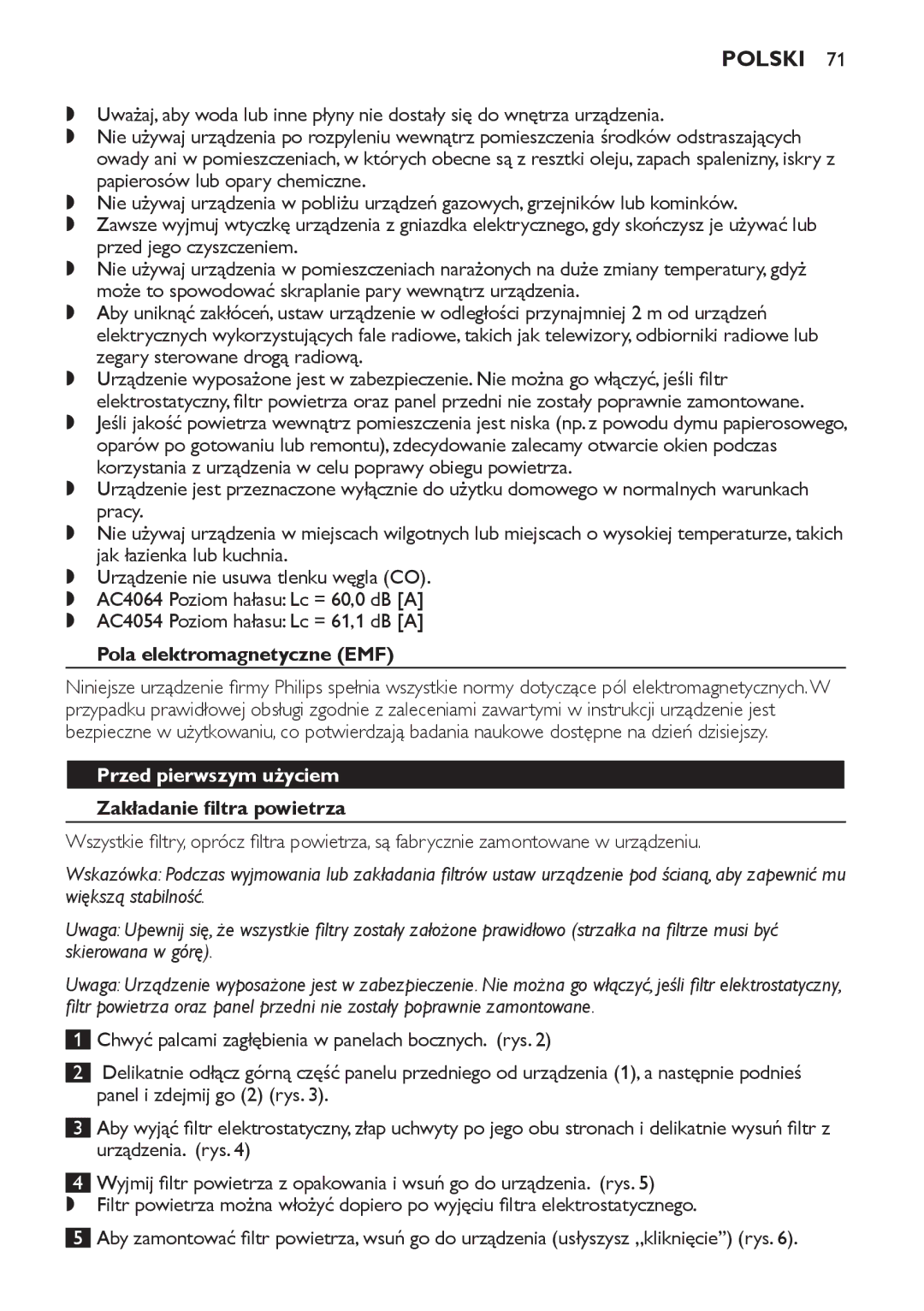 Philips AC4052, AC4054, AC4064 Polski, Pola elektromagnetyczne EMF, Przed pierwszym użyciem, Zakładanie filtra powietrza 
