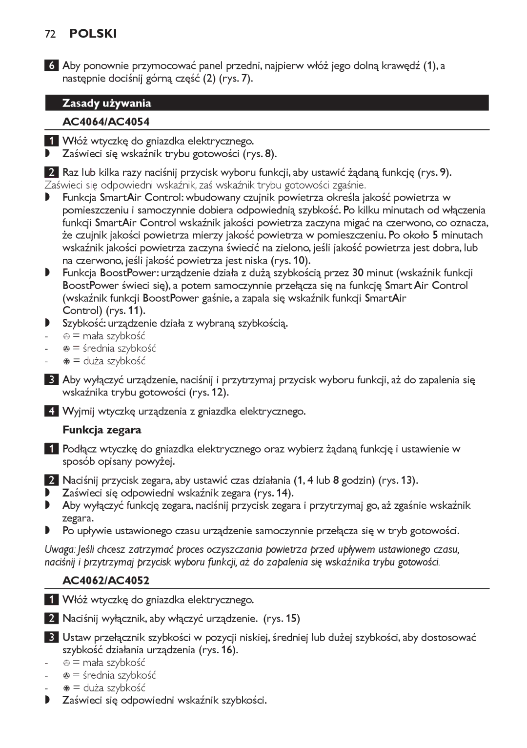 Philips AC4054, AC4064, AC4052 manual Zasady używania, Funkcja zegara 