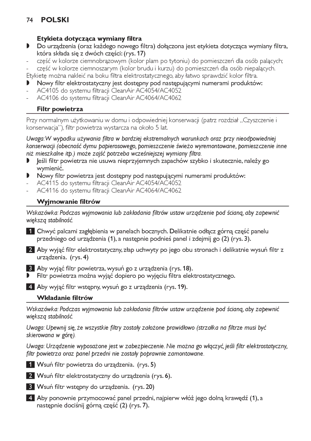Philips AC4052, AC4054, AC4064 Etykieta dotycząca wymiany filtra, Filtr powietrza, Wyjmowanie filtrów, Wkładanie filtrów 