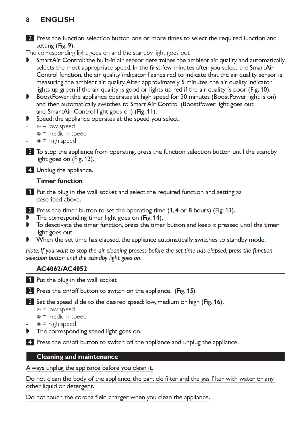Philips AC4054, AC4064 manual Timer function, AC4062/AC4052, Cleaning and maintenance 