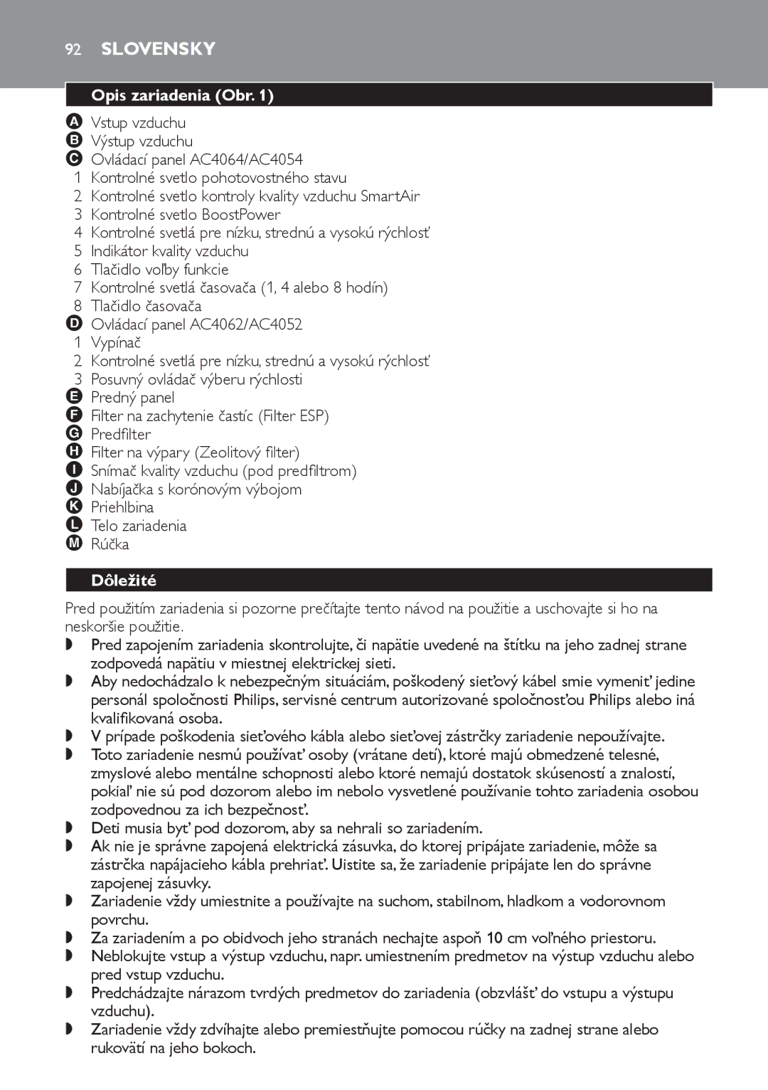 Philips AC4052, AC4054, AC4064 manual Slovensky, Opis zariadenia Obr, Dôležité 