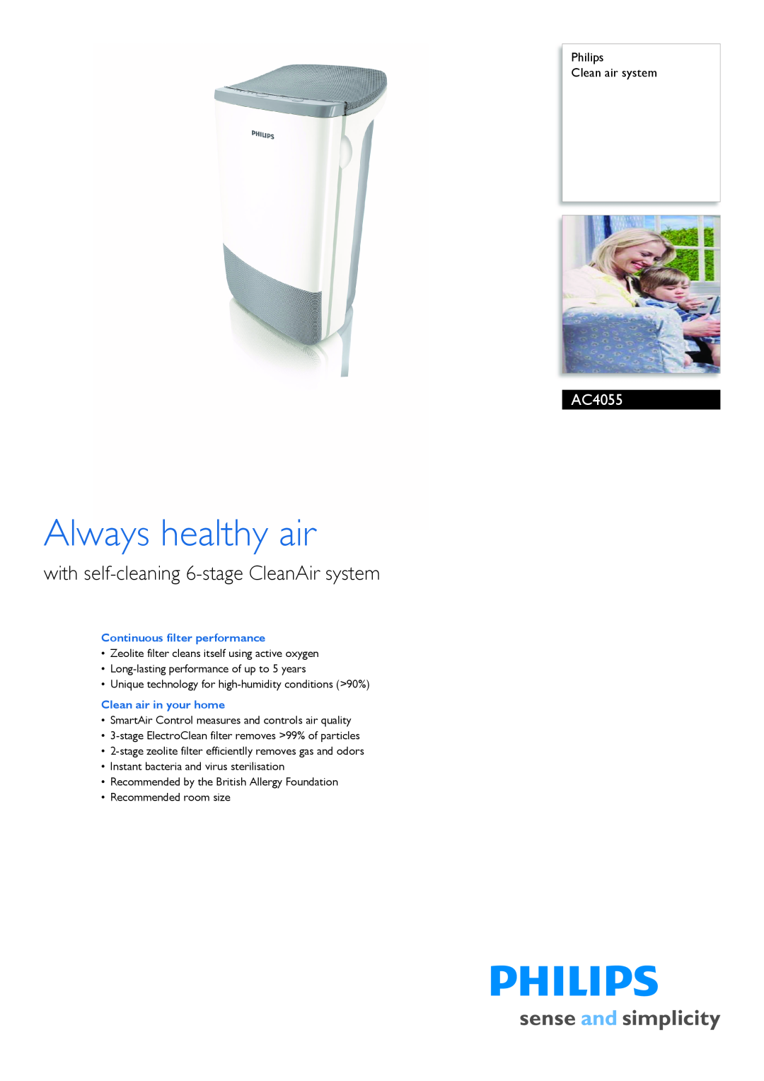 Philips AC4055/00 manual Philips Clean air system, Continuous filter performance, Clean air in your home 