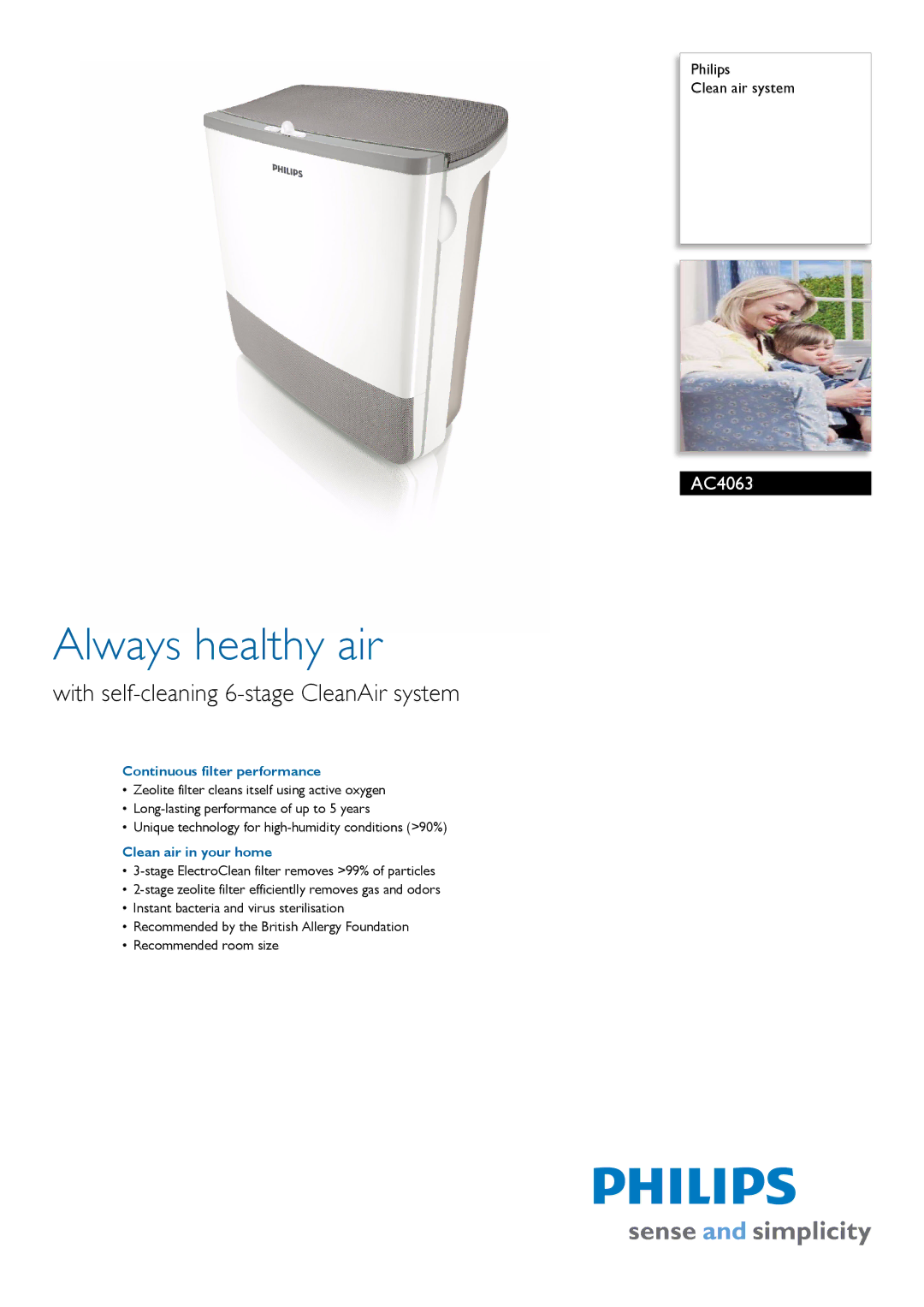 Philips AC4063/00 manual Continuous filter performance, Clean air in your home 