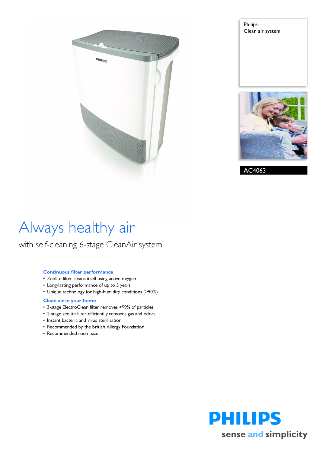 Philips AC4063/00 manual Philips Clean air system, Continuous filter performance, Clean air in your home 