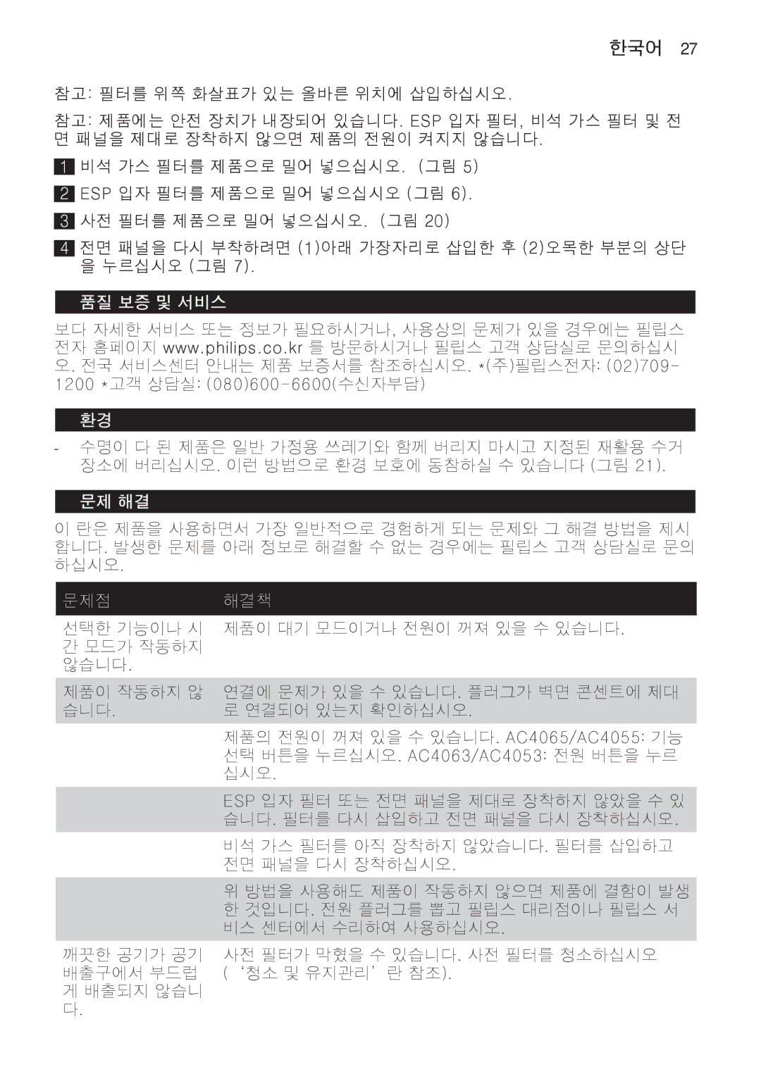 Philips AC4055, AC4065 manual 품질 보증 및 서비스, 문제 해결 