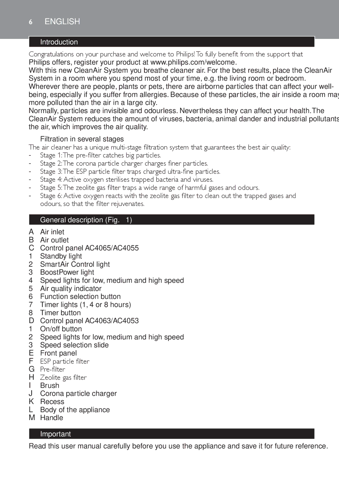 Philips AC4065, AC4055 manual Introduction, Filtration in several stages, General description Fig 