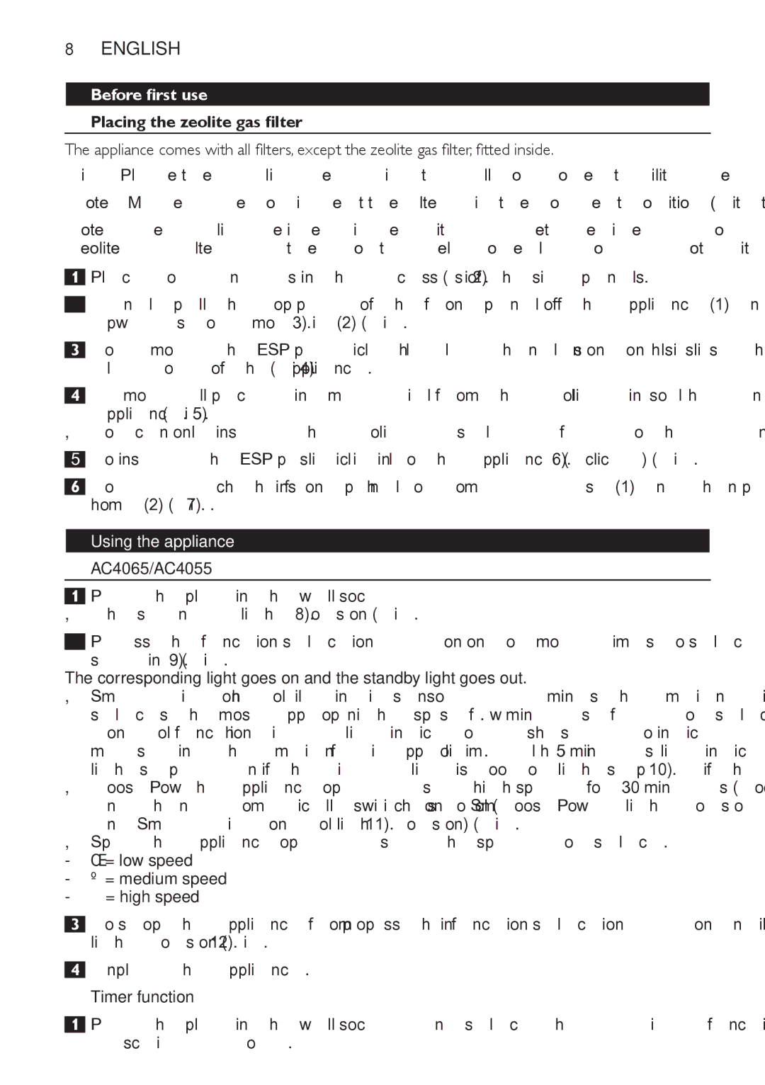 Philips manual Before first use, Placing the zeolite gas filter, Using the appliance, AC4065/AC4055, Timer function 