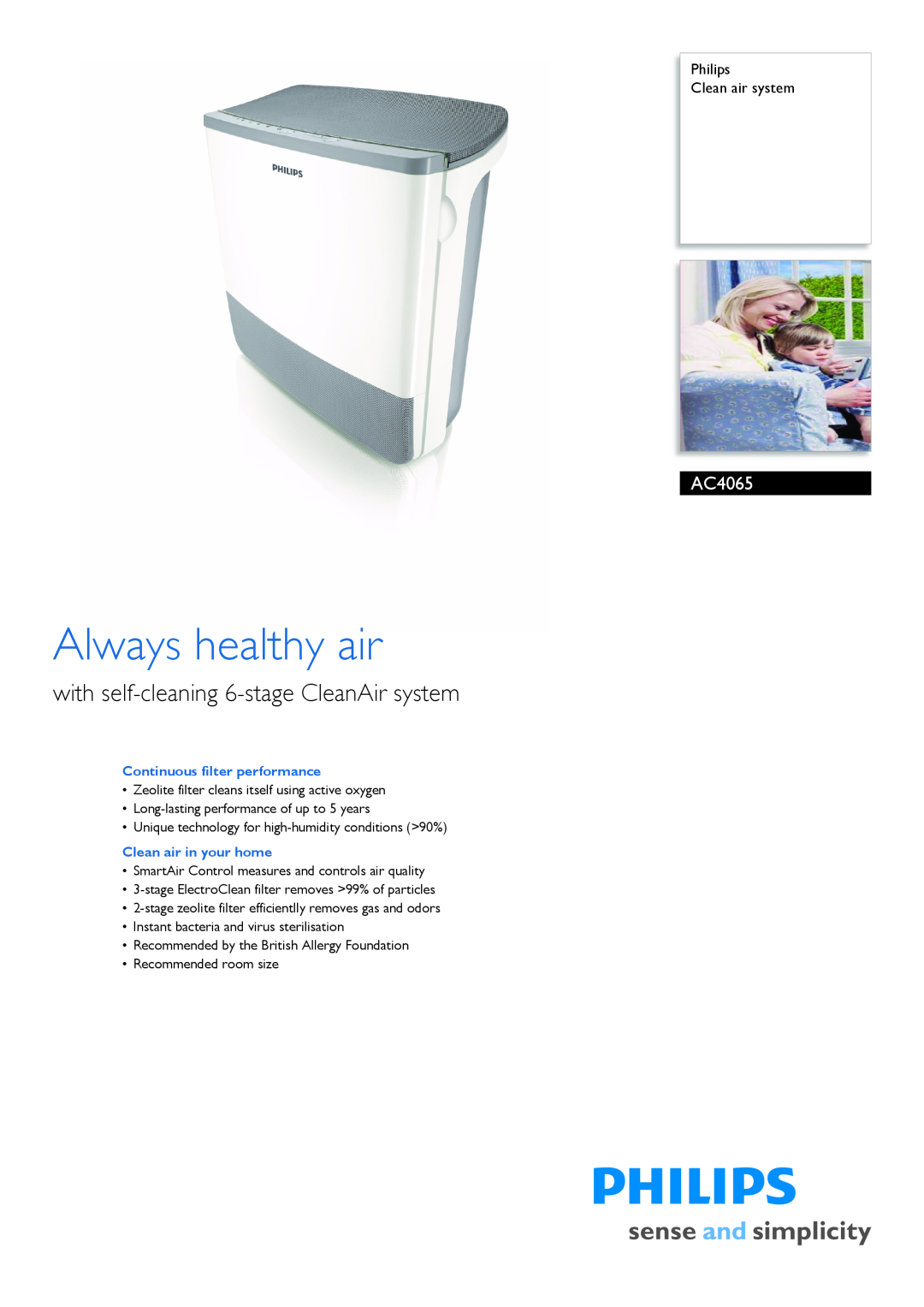 Philips AC4065/00 manual Philips Clean air system, Continuous filter performance, Clean air in your home 