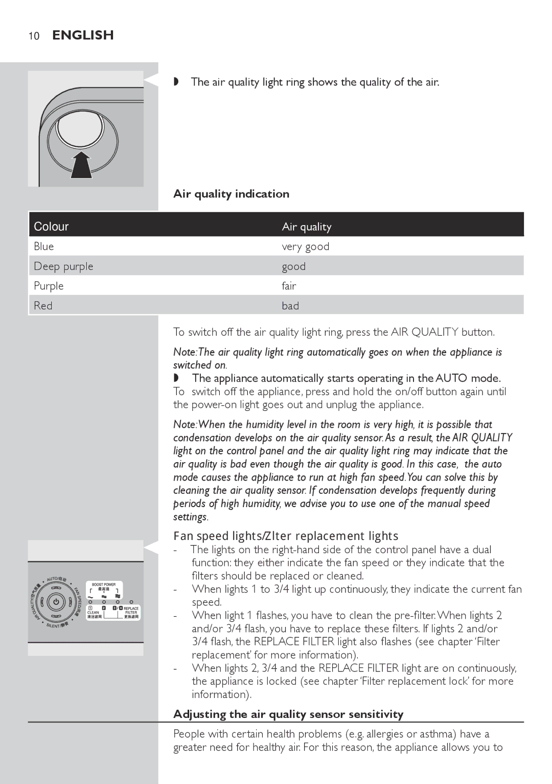 Philips AC4072, AC4074 user manual Air quality indication, Colour Air quality, Fan speed lights/filter replacement lights 