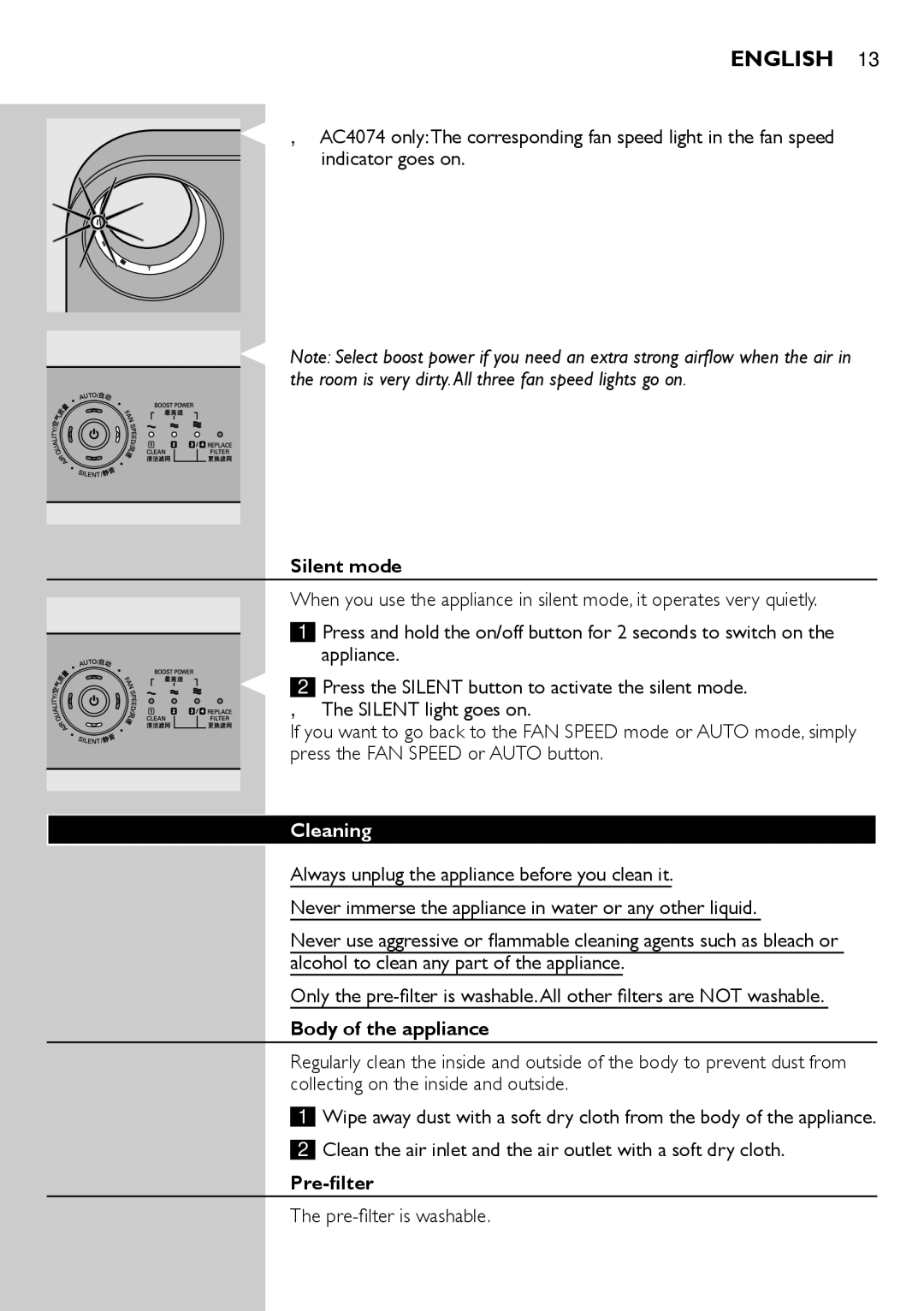 Philips AC4074, AC4072 user manual Silent mode, Cleaning, Body of the appliance, Pre-filter 