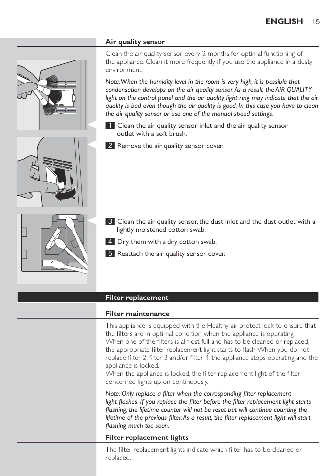 Philips AC4074, AC4072 user manual Air quality sensor, Filter maintenance, Filter replacement lights 