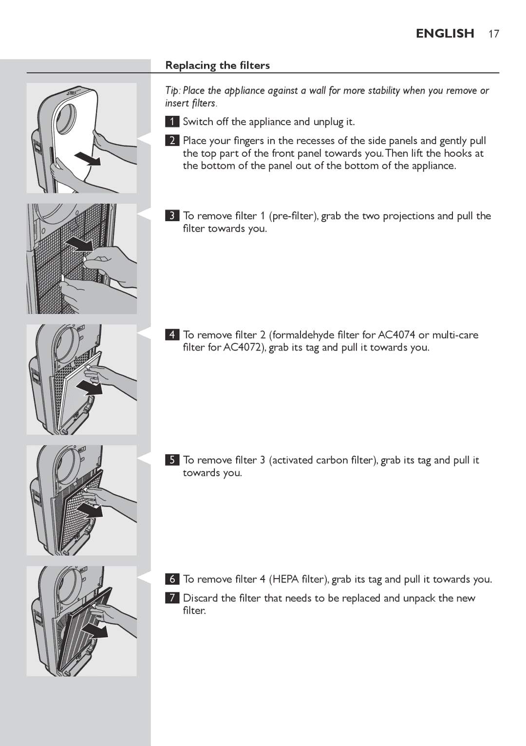 Philips AC4074, AC4072 user manual Replacing the filters 