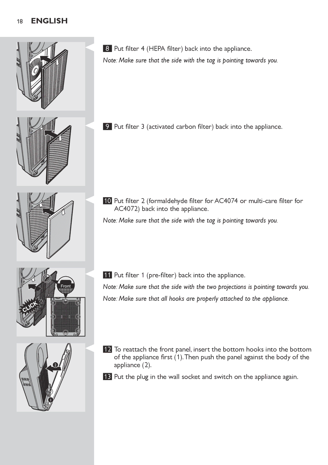 Philips AC4072, AC4074 user manual Appliance first 1.Then push the panel against the body 