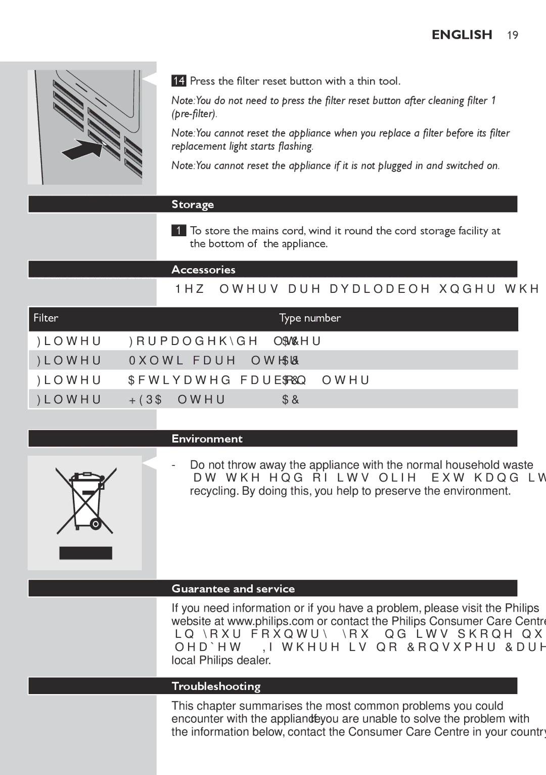 Philips AC4074, AC4072 user manual Storage, Accessories, Filter, Environment, Guarantee and service Troubleshooting 