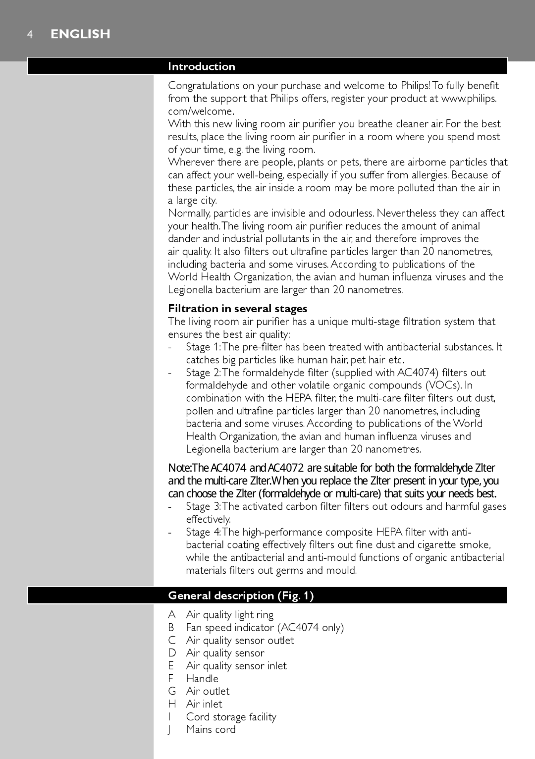 Philips AC4072, AC4074 user manual Introduction, Filtration in several stages, General description 