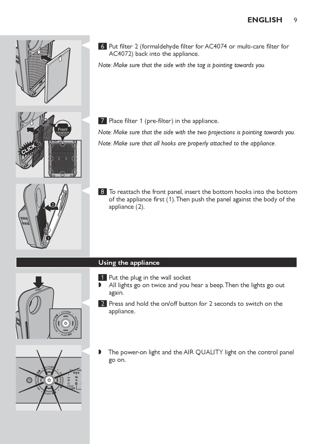 Philips AC4074, AC4072 user manual Using the appliance 