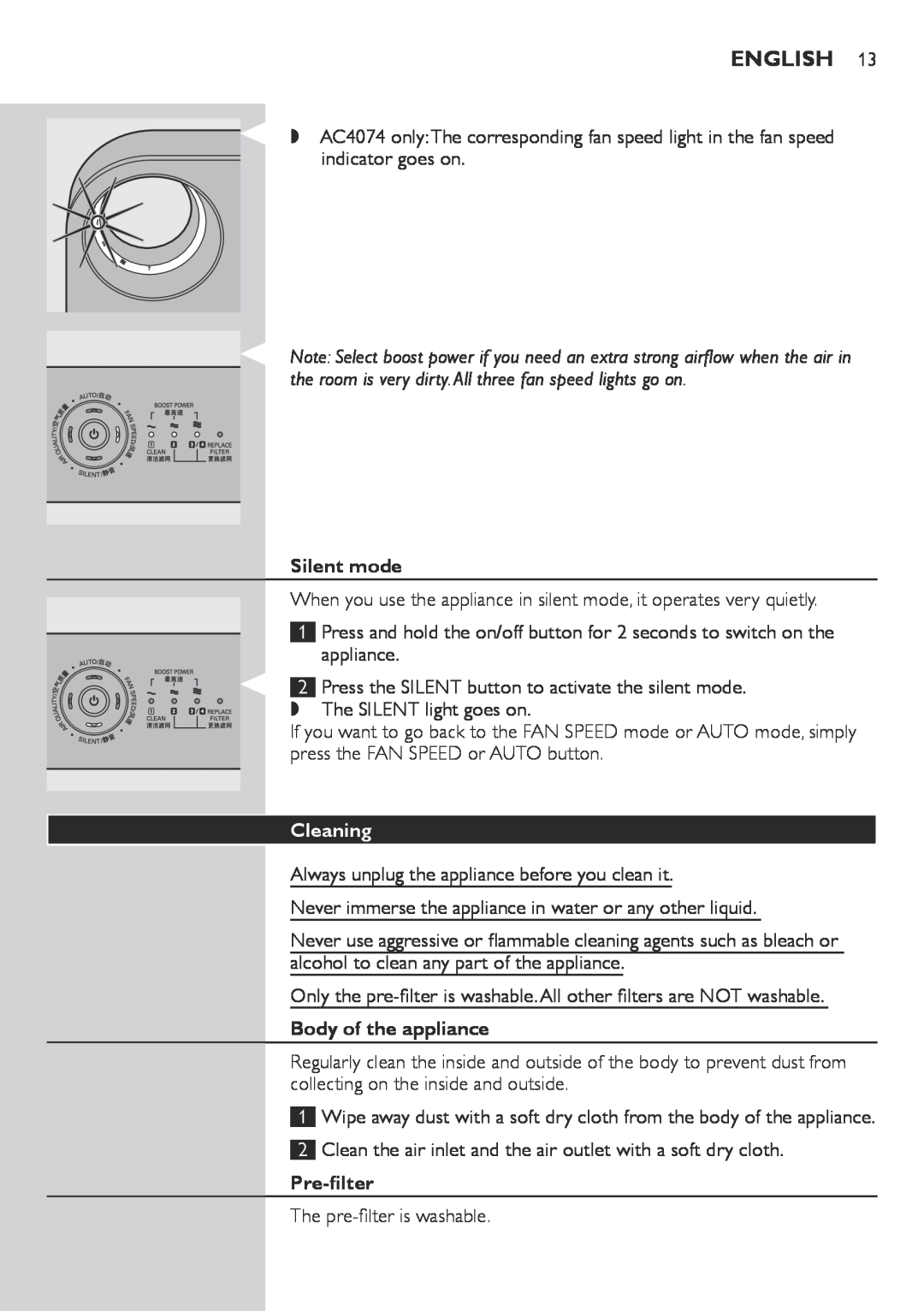 Philips AC4074, AC4072 user manual English, Silent mode, Cleaning, Body of the appliance, Pre-filter 
