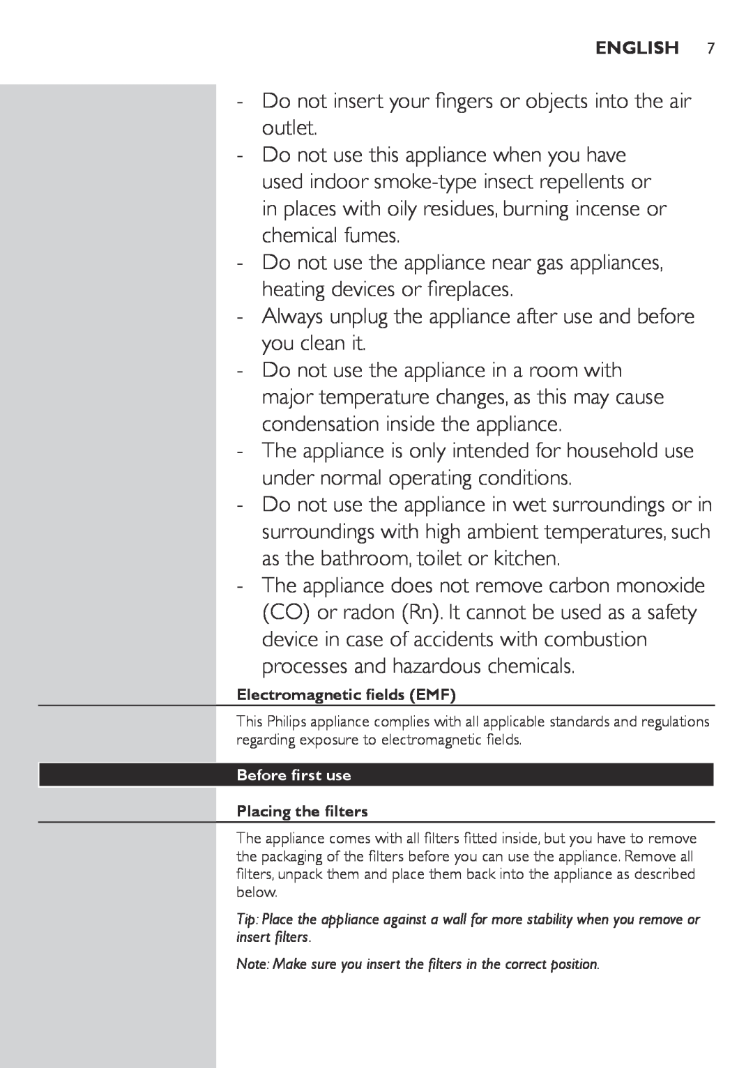 Philips AC4074, AC4072 user manual Electromagnetic fields EMF, Before first use, Placing the filters 