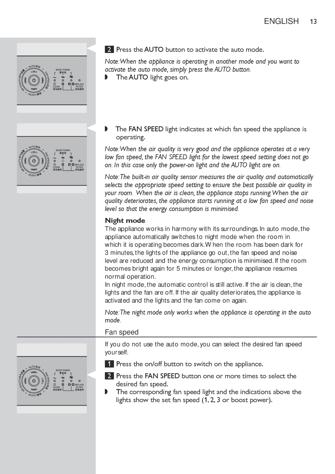 Philips AC4072 user manual Night mode, Fan speed 