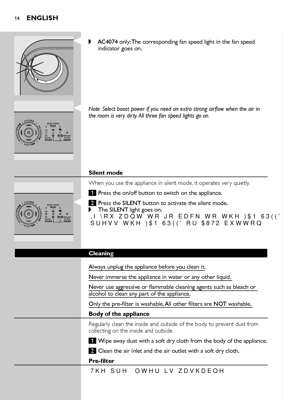 Philips AC4072 user manual Silent mode, Cleaning, Body of the appliance, Pre-filter 