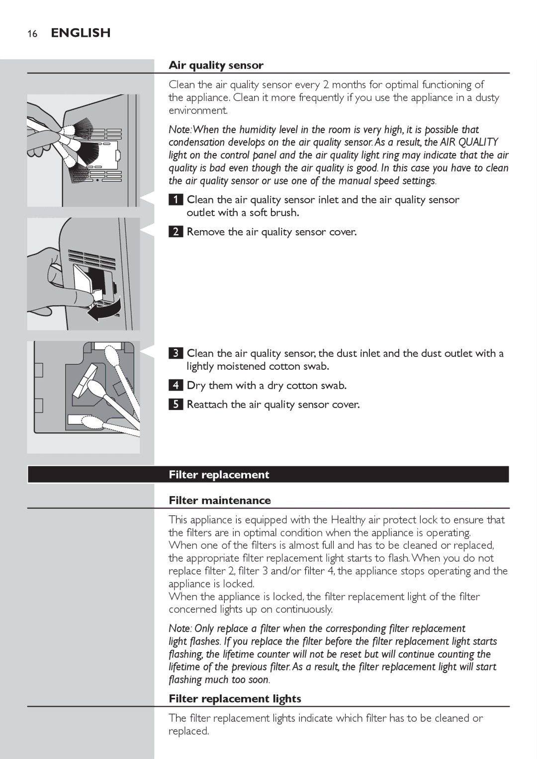 Philips AC4072 user manual Air quality sensor, Filter maintenance, Filter replacement lights 