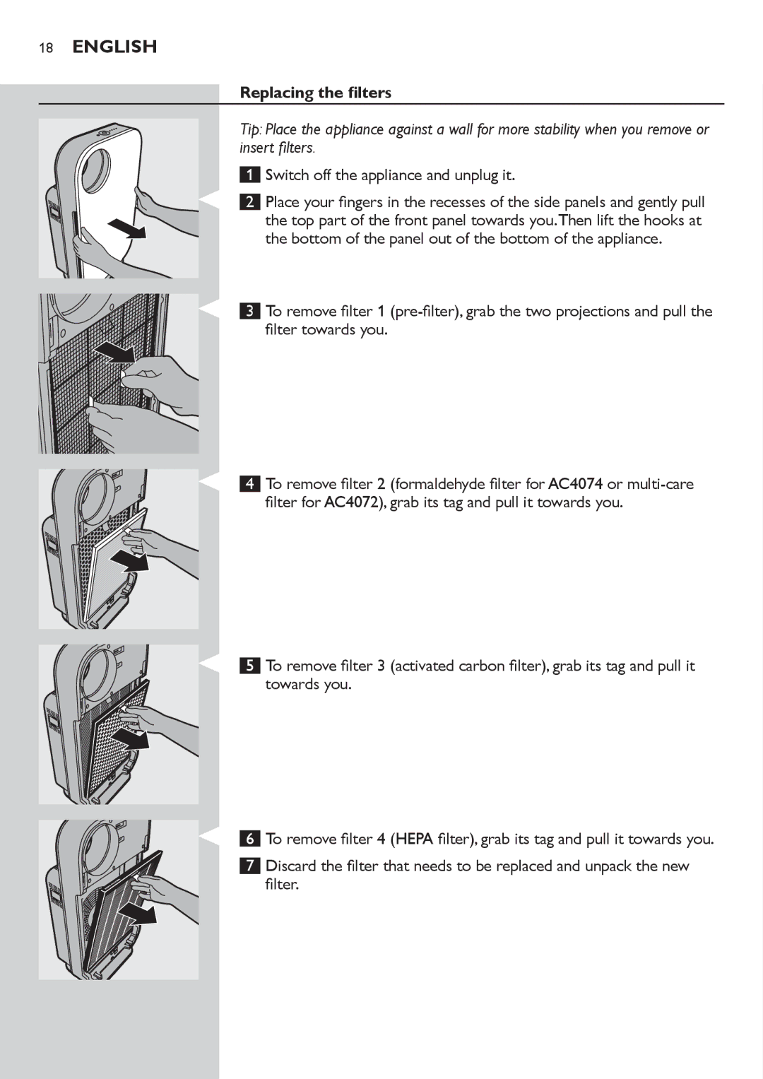 Philips AC4072 user manual Replacing the filters 