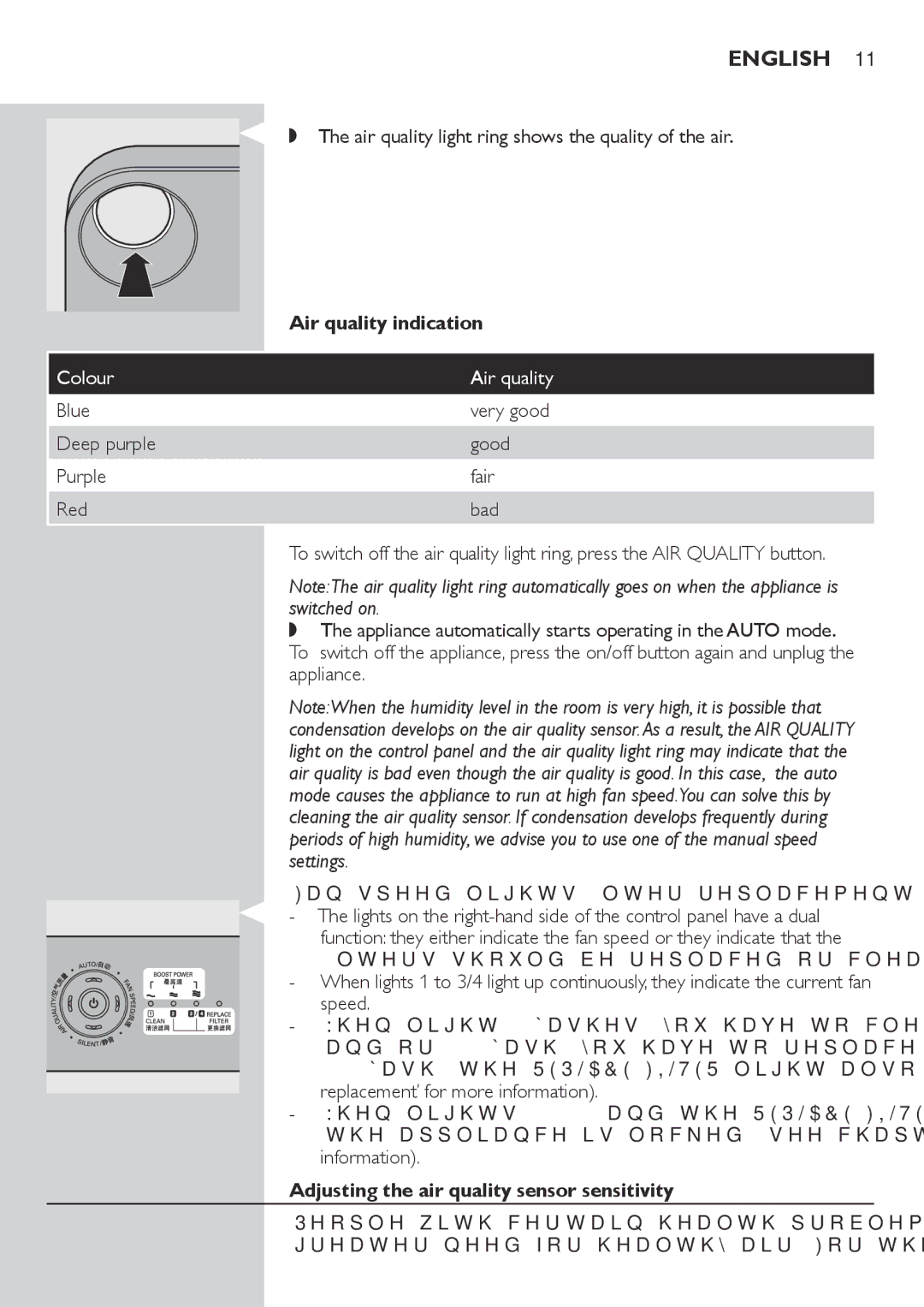 Philips AC4072 user manual Air quality indication, Colour Air quality, Fan speed lights/filter replacement lights 