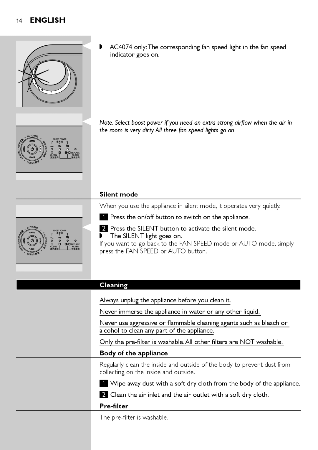 Philips AC4072 user manual 14English, Silent mode, Cleaning, Body of the appliance, Pre-filter 