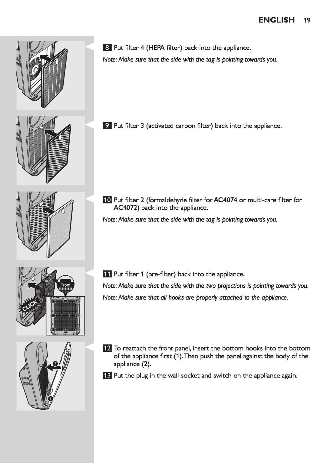 Philips AC4072 user manual English, Put filter 4 HEPA filter back into the appliance 