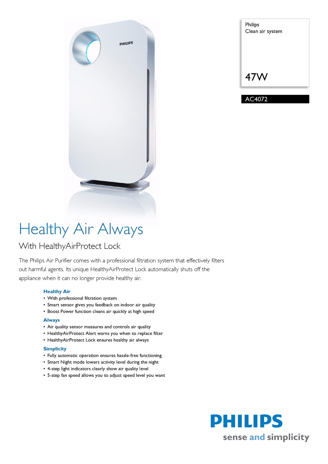 Philips AC4072/00 manual Healthy Air, Always, Simplicity 