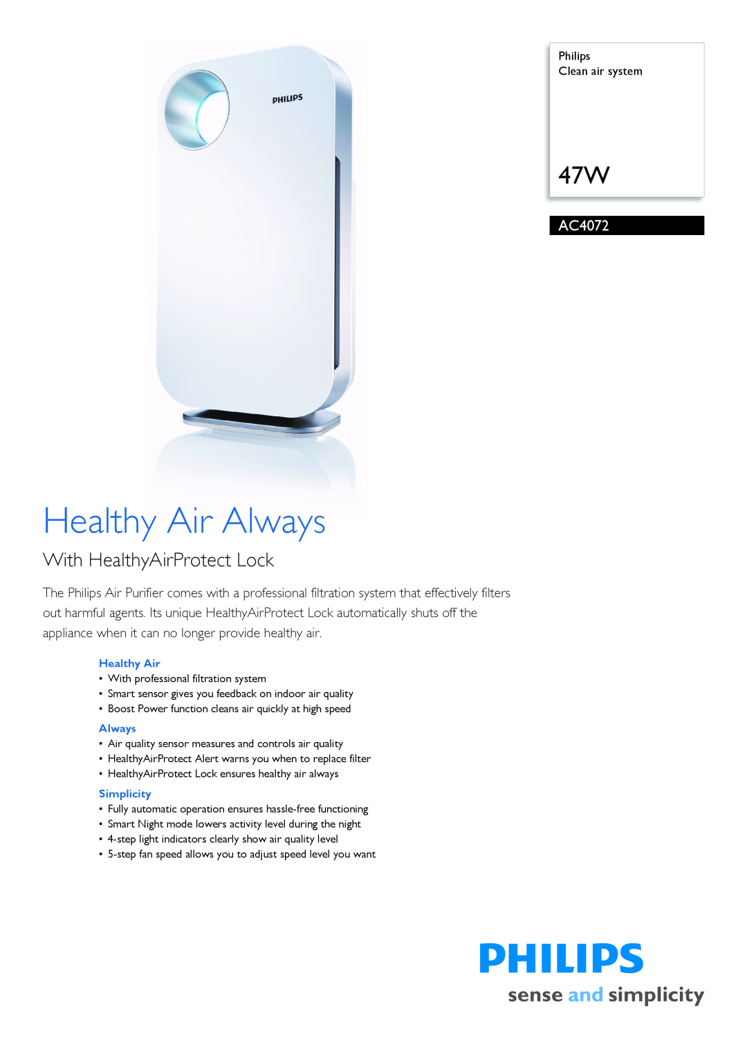Philips AC4072/00 manual Philips Clean air system, Simplicity, Healthy Air Always, With HealthyAirProtect Lock 