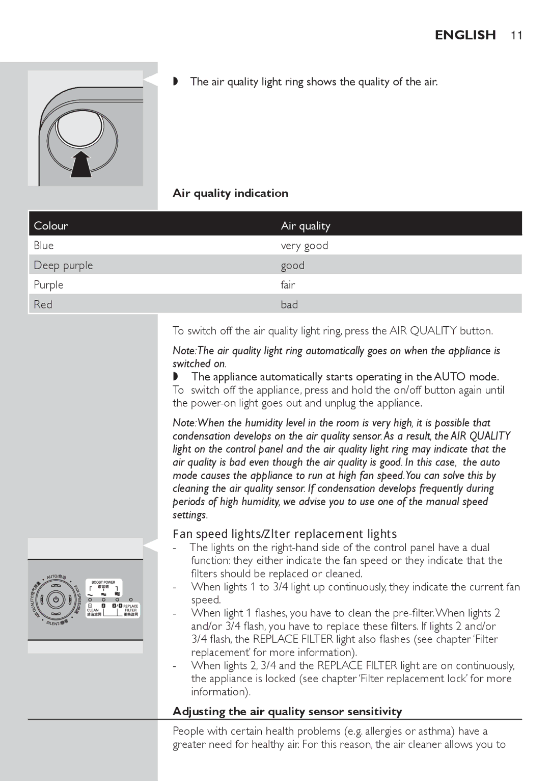 Philips AC4074 manual Air quality indication, Fan speed lights/filter replacement lights 