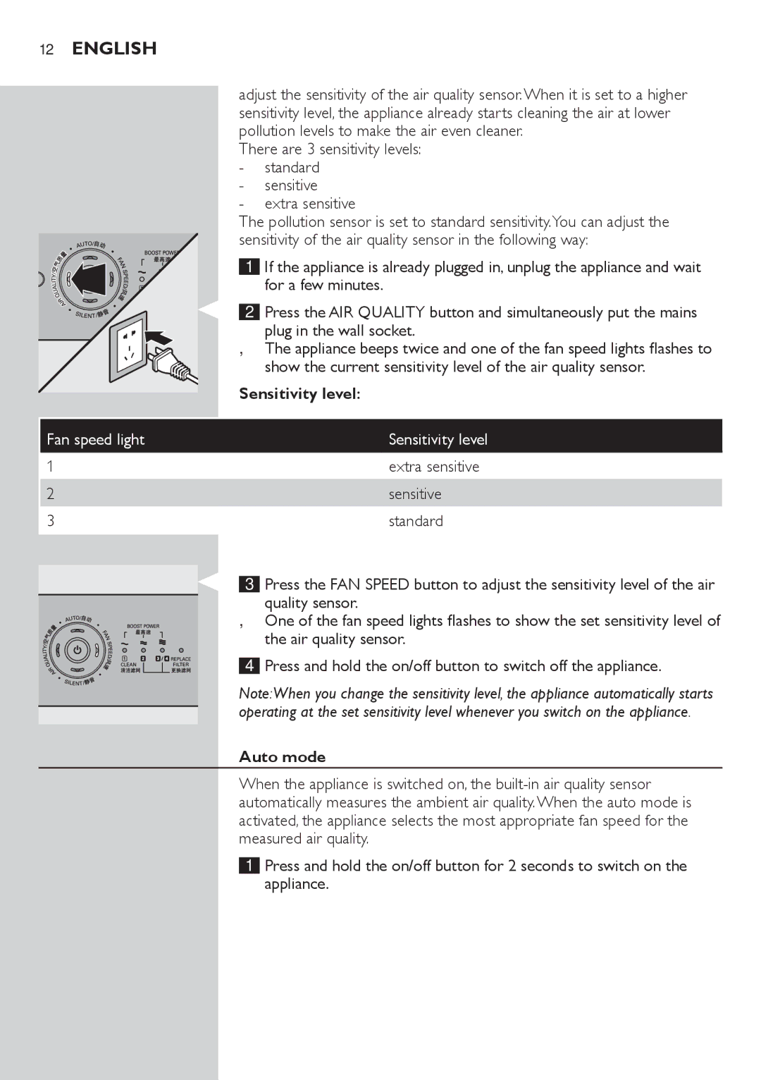 Philips AC4074 manual Sensitivity level, Auto mode 