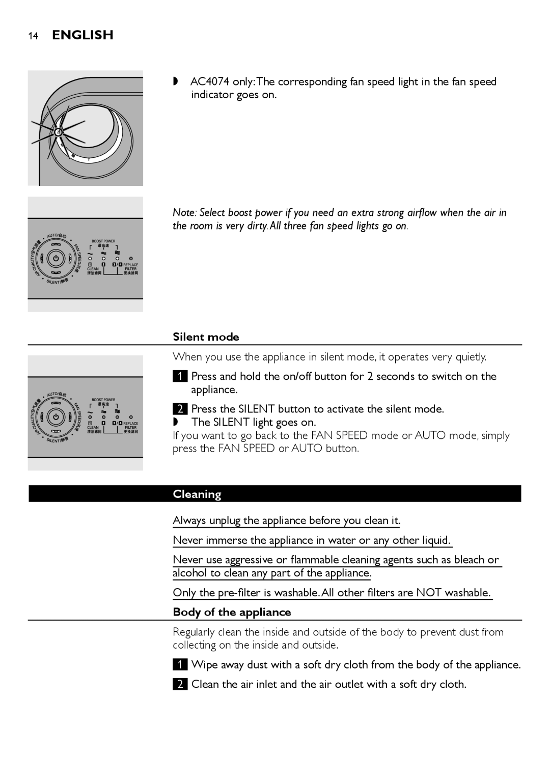 Philips AC4074 manual Silent mode, Body of the appliance 