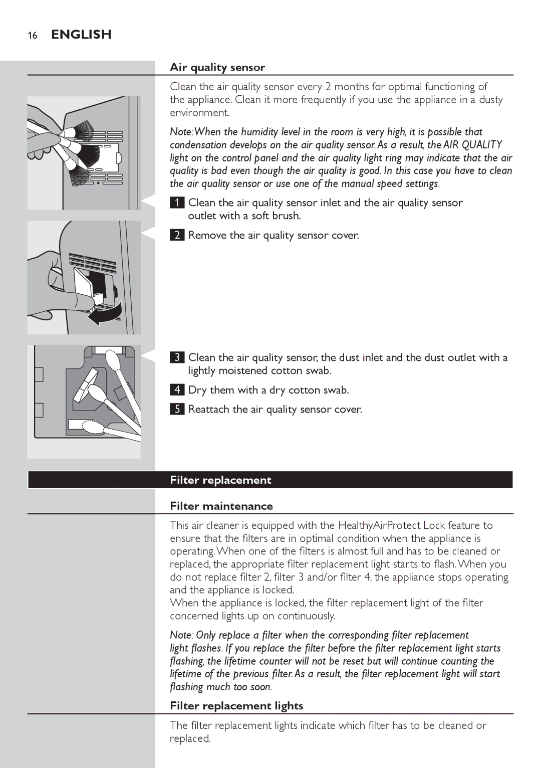 Philips AC4074 manual Air quality sensor, Filter maintenance, Filter replacement lights 