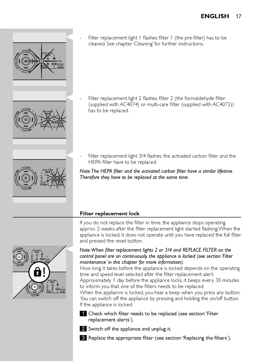 Philips AC4074 manual Filter replacement lock 