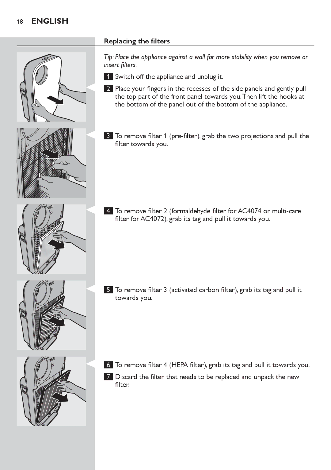 Philips AC4074 manual Replacing the filters 