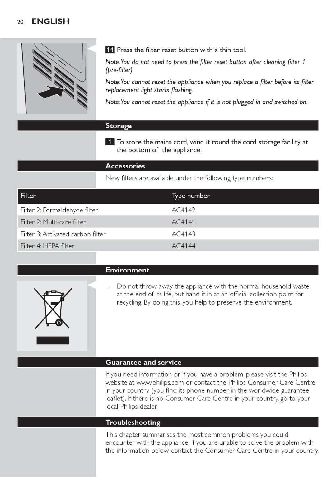 Philips AC4074 manual Storage 