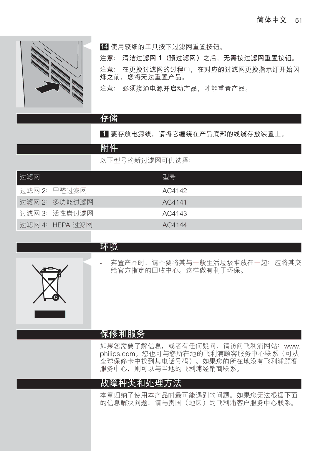 Philips AC4074 manual 保修和服务 故障种类和处理方法, 过滤网 