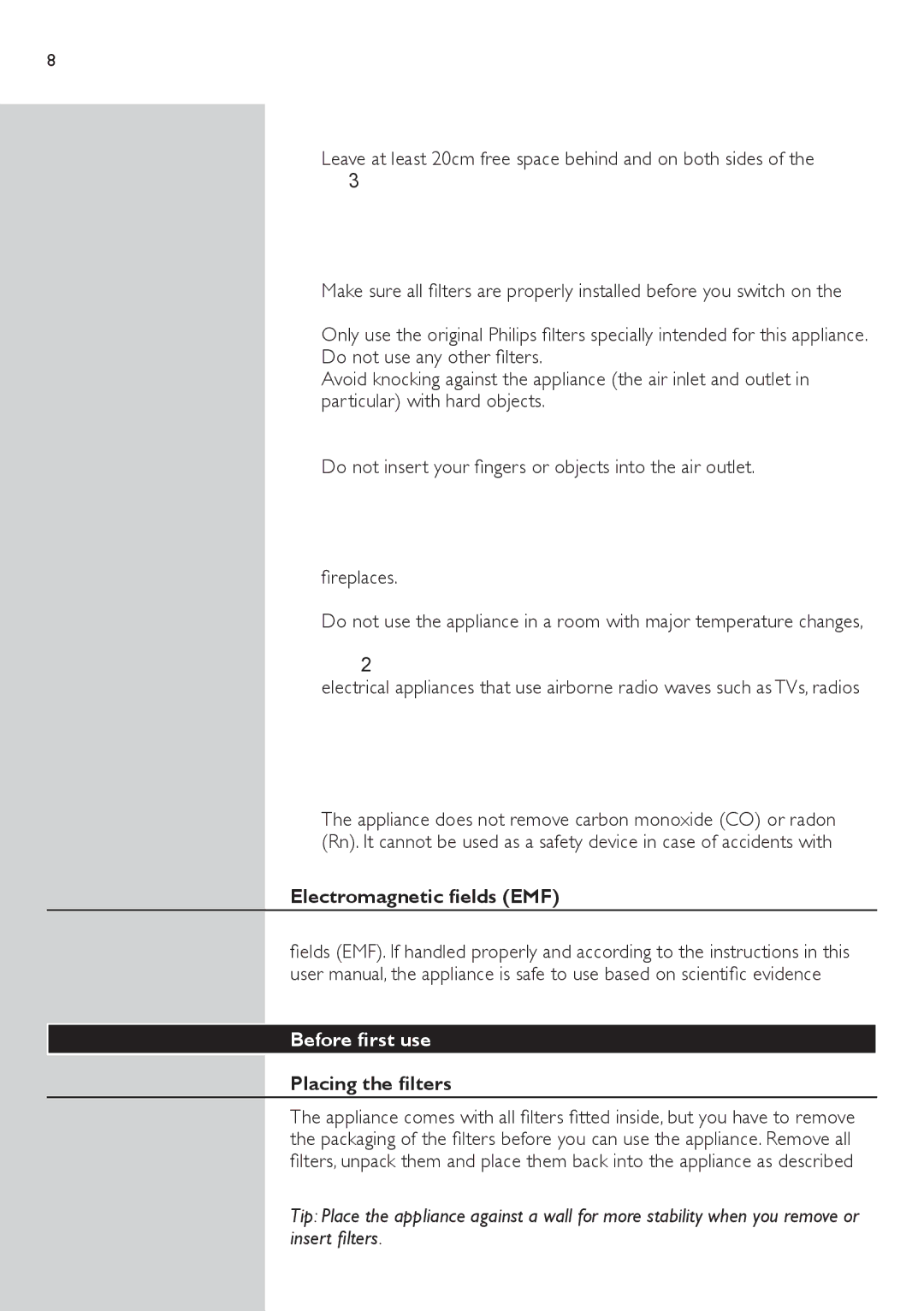 Philips AC4074 manual Electromagnetic fields EMF, Placing the filters 