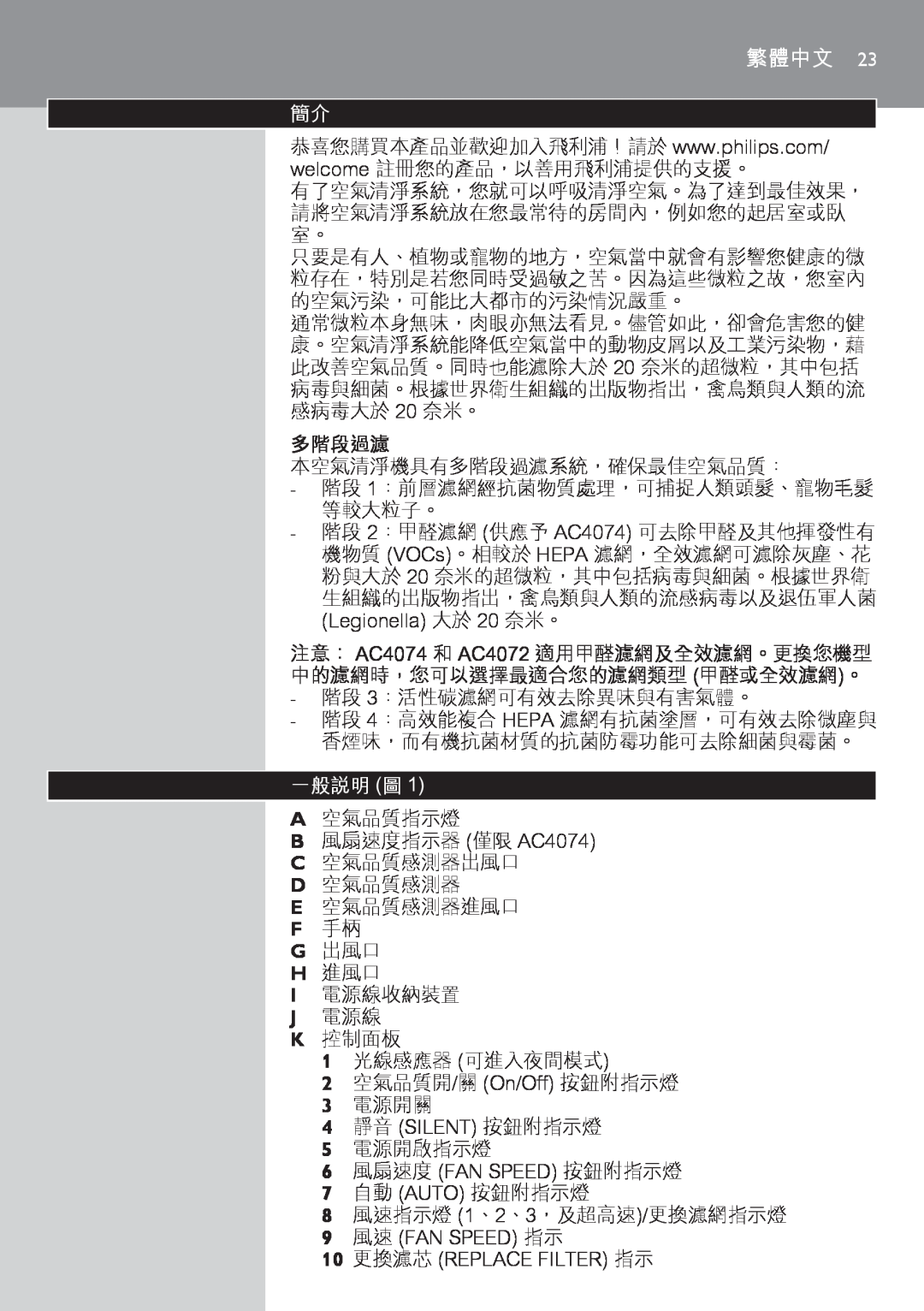 Philips AC4074 manual 多階段過濾, 一般說明圖1, 繁體中文 