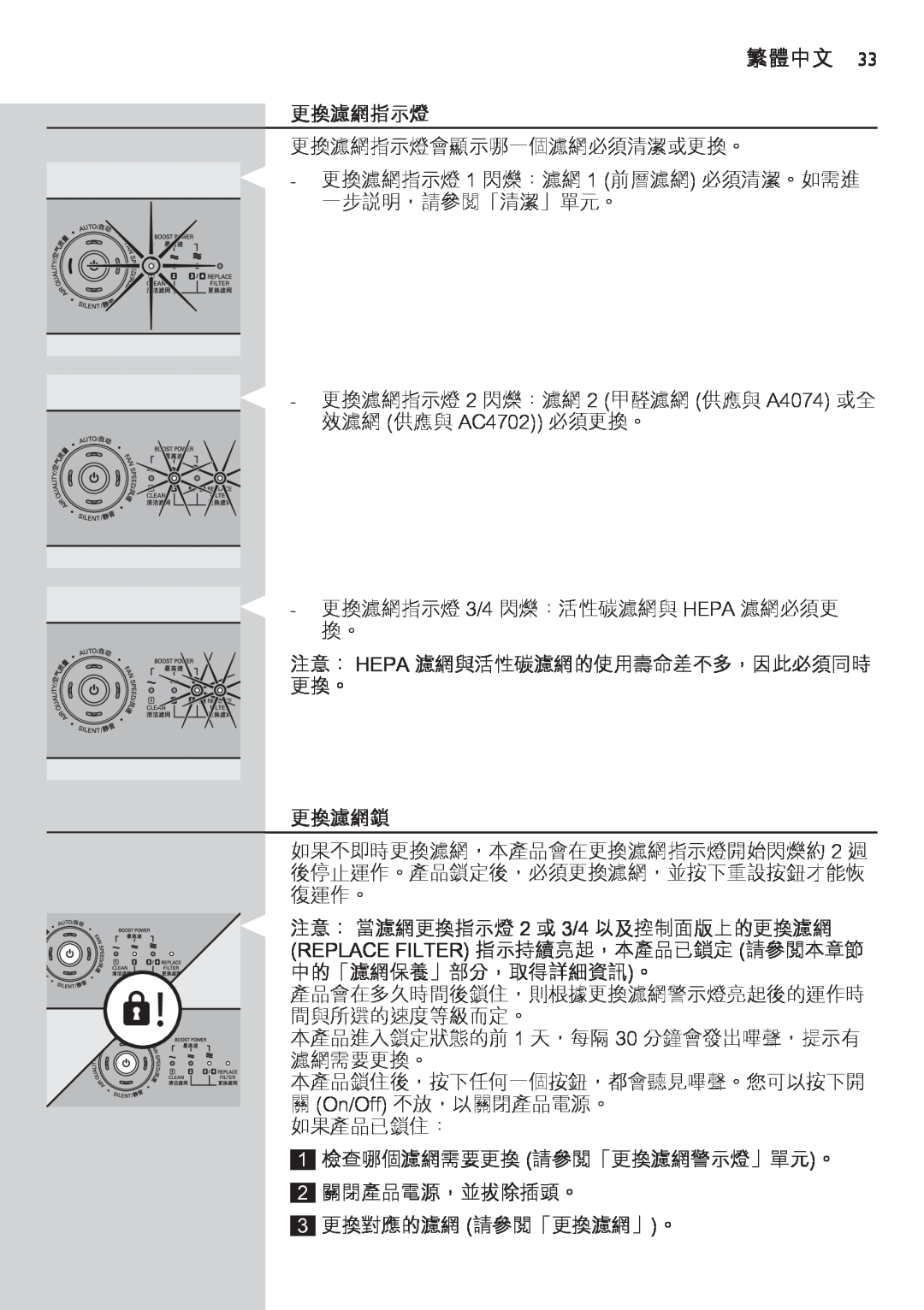 Philips AC4074 manual 更換濾網指示燈, 更換濾網鎖, 繁體中文 