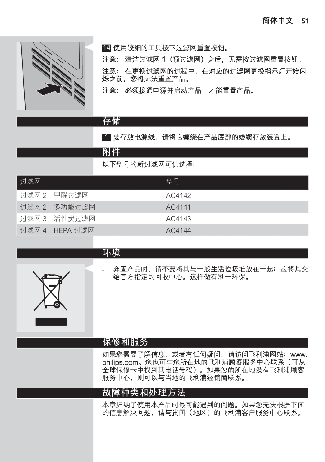 Philips AC4074 manual 保修和服务, 故障种类和处理方法, 简体中文 