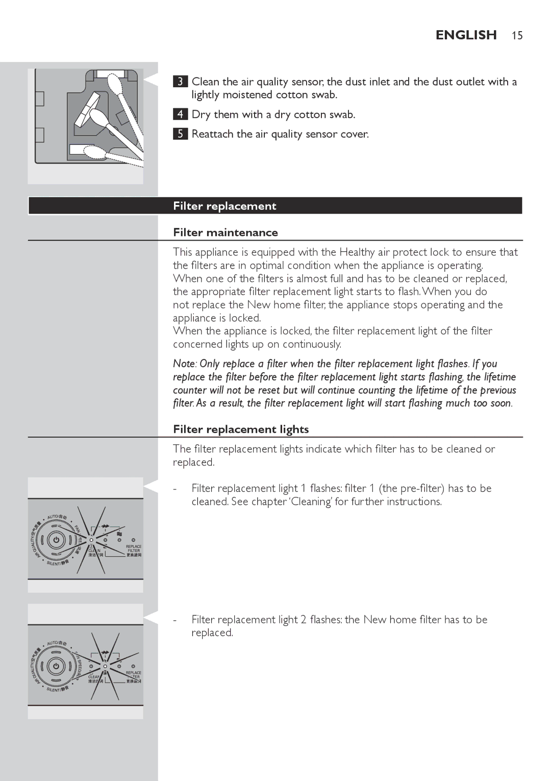 Philips AC4076 user manual Filter maintenance, Filter replacement lights 