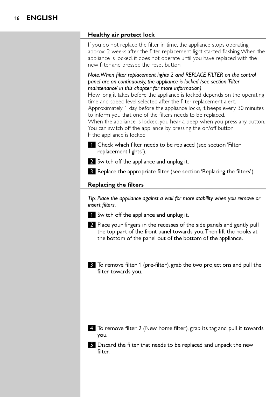 Philips AC4076 user manual Healthy air protect lock, Replacing the filters 