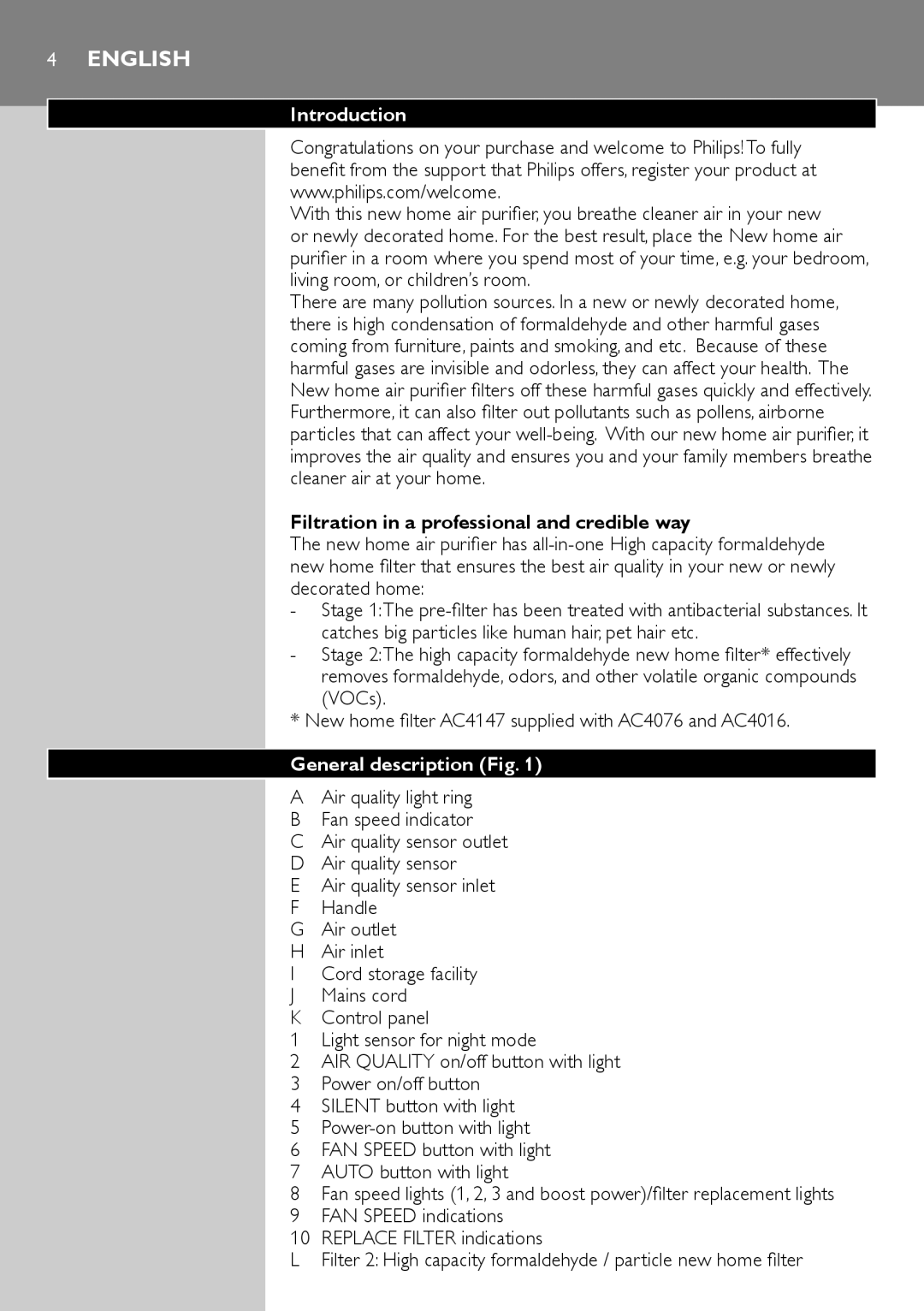 Philips AC4076 user manual Introduction, Filtration in a professional and credible way, General description 