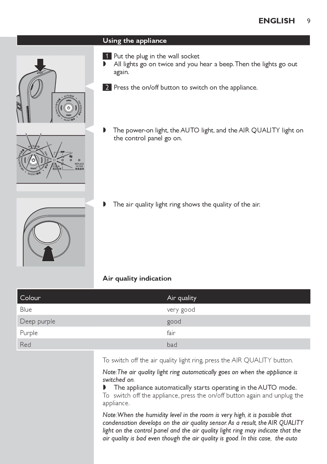 Philips AC4076 user manual Using the appliance, Air quality indication 